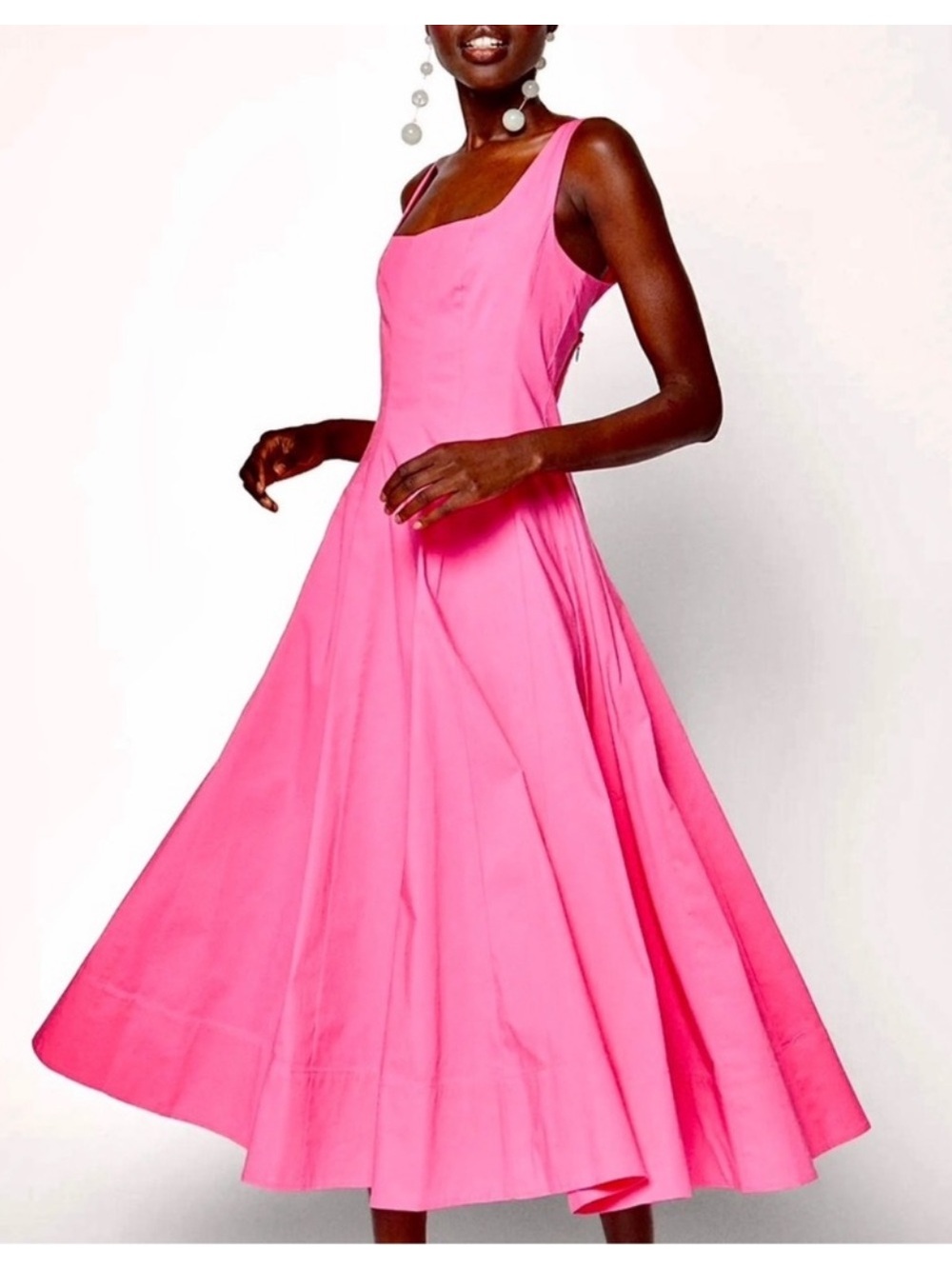 Staud Wells Dress Pink Sleeveless Square-Neck Midi Cotton US Size 00